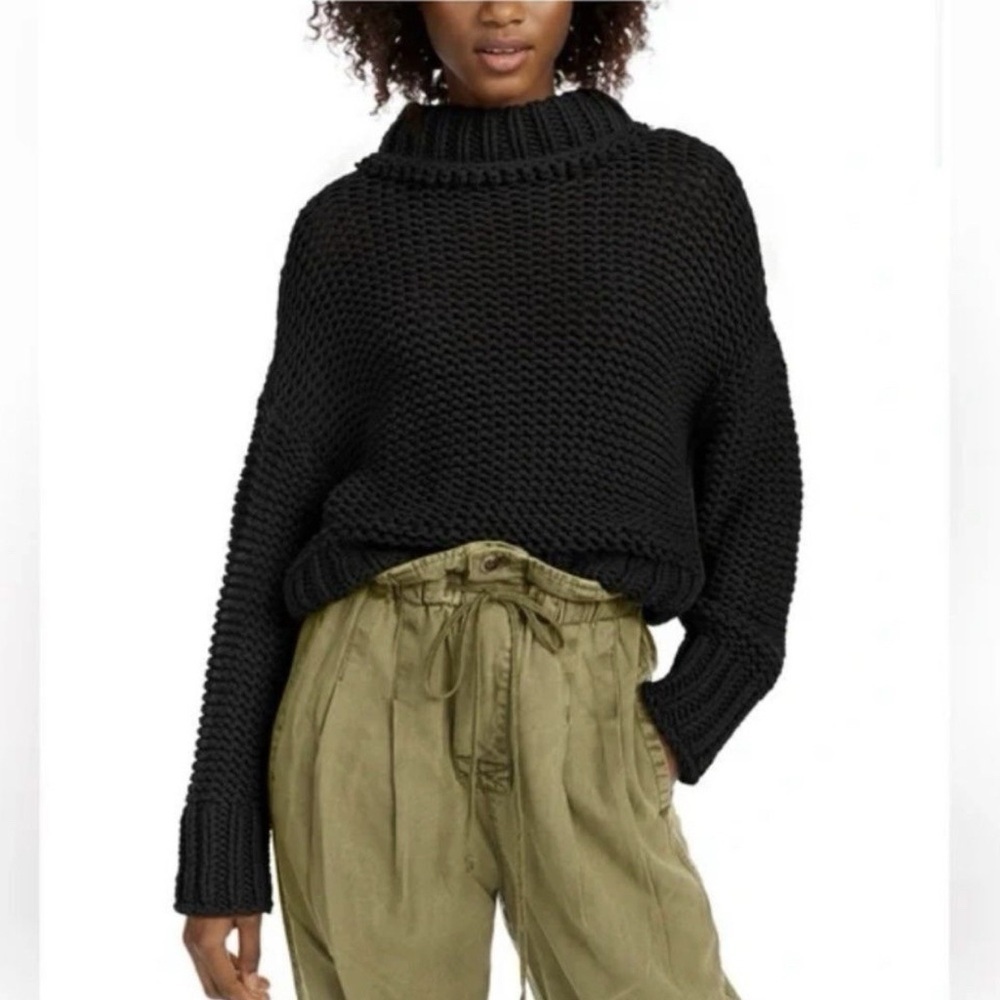 Free People My Only Sunshine Chunky Knit Mock Neck Sweater in Black